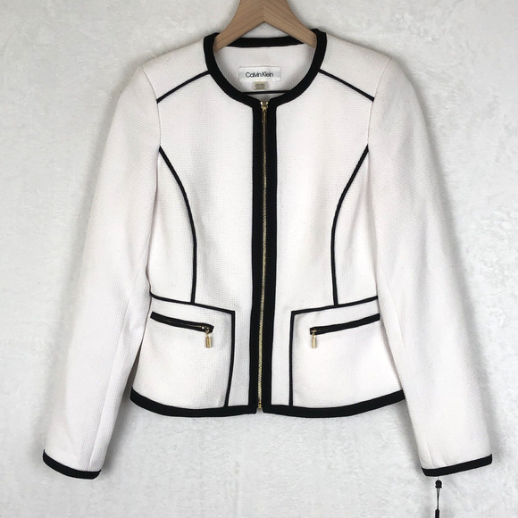 Talbots Jackets & Blazers - NWT TALBOTS Pique Jacket Sz 6P Petite White Black Piping Pockets Zip Career NEW